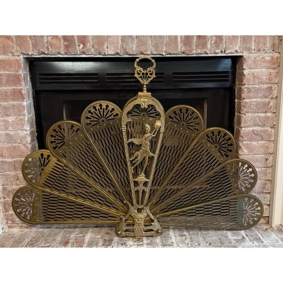 XL Vintage Art Deco Fireplace Screen Brass Ornate Peacock Folding Fan Rare 47" W - Picture 2 of 11